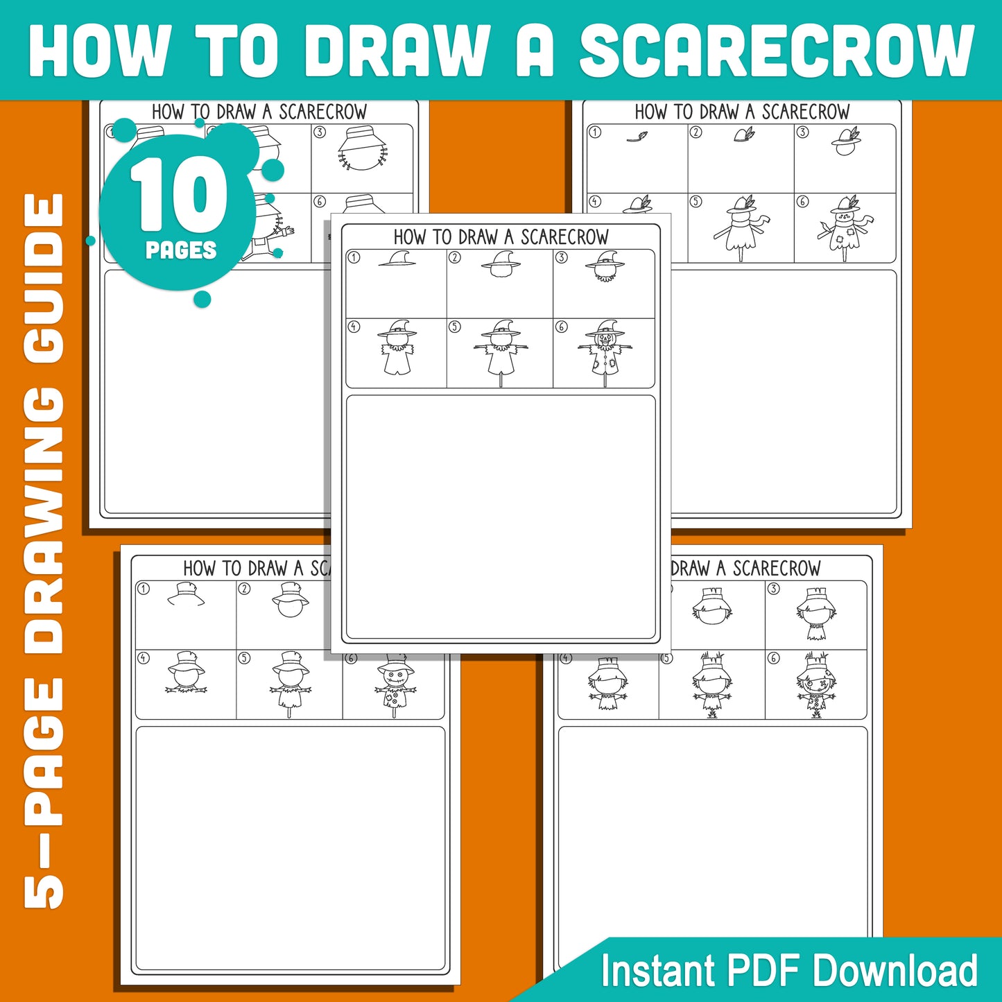 Scarecrow Drawing Tutorial for Kids: 5-Page Directed Drawing Lesson with 5 Halloween Coloring Pages, Great for Fall Activities, PDF Download, Instant Access