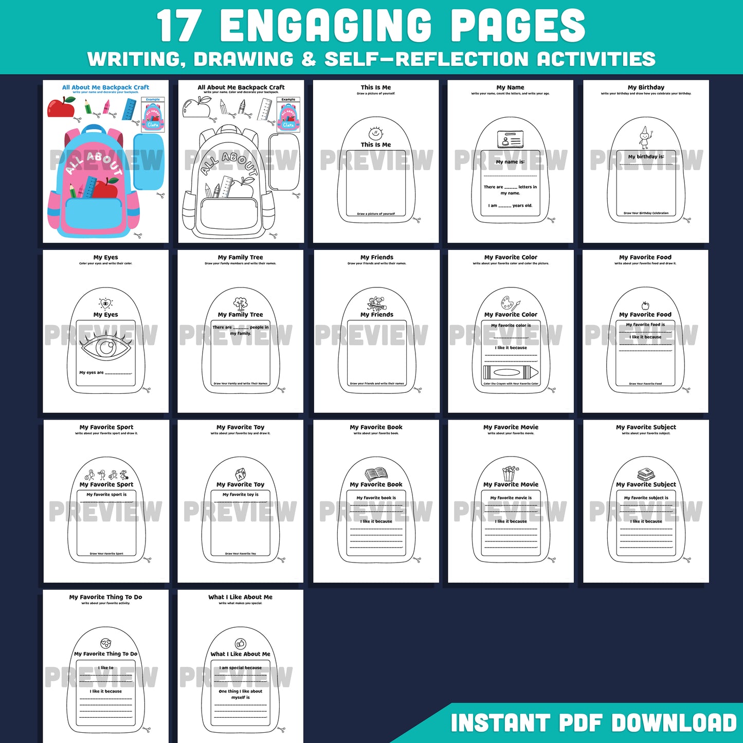 All About Me Backpack Template, Back to School Memory Book, Student Introduction Activity, First Week Printable, 17 Pages