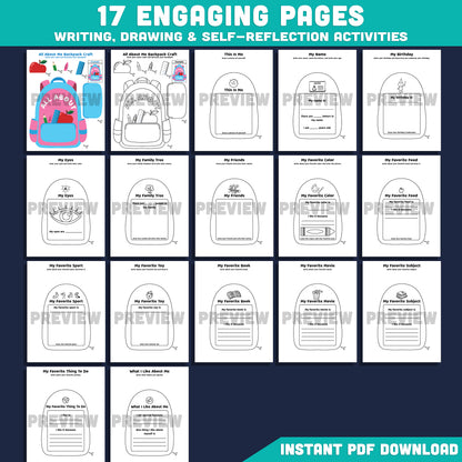 All About Me Backpack Template, Back to School Memory Book, Student Introduction Activity, First Week Printable, 17 Pages