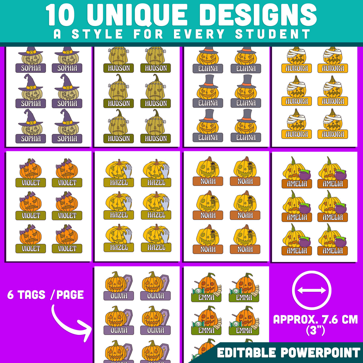 Halloween Pumpkin Name Labels, Autumn Classroom Organization, Editable Fall Student Desk & Locker Decor, 10 Designs, US Letter & A4, PowerPoint