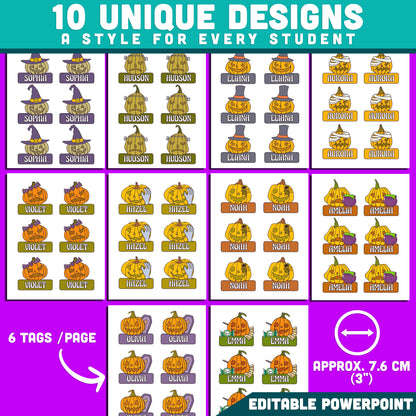 Halloween Pumpkin Name Labels, Autumn Classroom Organization, Editable Fall Student Desk & Locker Decor, 10 Designs, US Letter & A4, PowerPoint