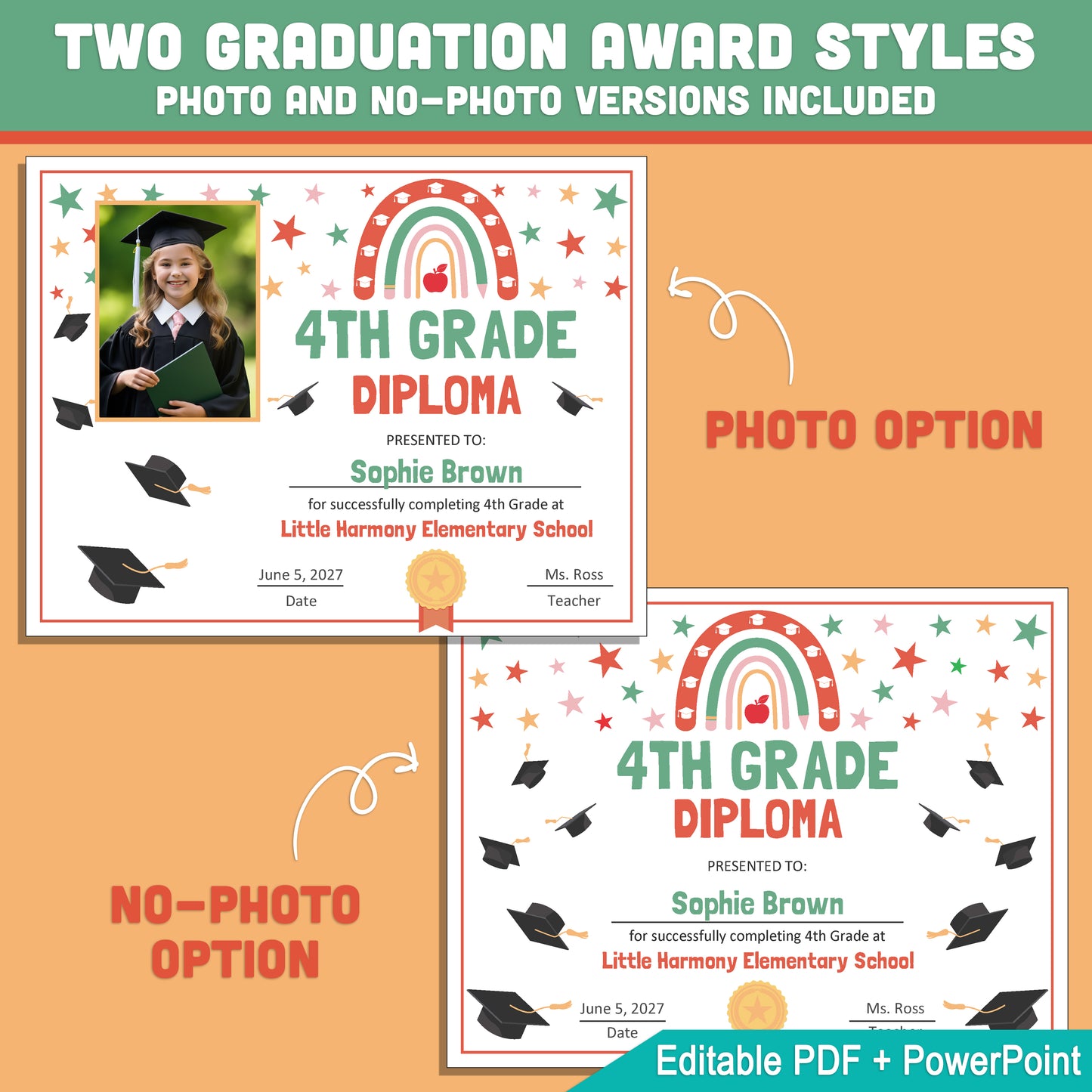 Editable 4th Grade Graduation Diploma & Certificate Set, Retro Rainbow Stars Theme, 8.5x11 Awards, Photo and No-Photo Options, PDF, PowerPoint