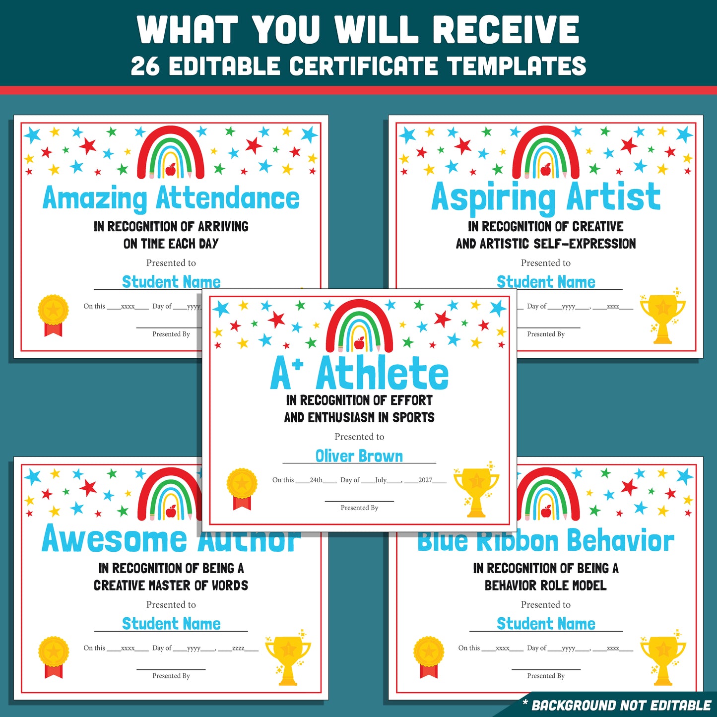 Student Awards Certificates, Printable Classroom Recognition Pack, 26 Editable Designs, Achievement Honors, Simple Editing, Teacher Friendly Resource