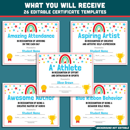 Student Awards Certificates, Printable Classroom Recognition Pack, 26 Editable Designs, Achievement Honors, Simple Editing, Teacher Friendly Resource