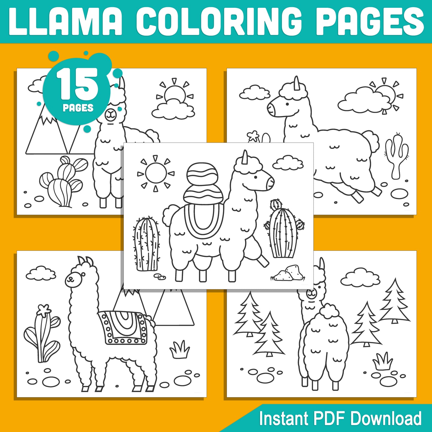 15 Simple Llama Coloring Pages for Kids – Perfect for Preschool & Kindergarten, Fun and Easy-to-Print PDF Activity, Instant Download