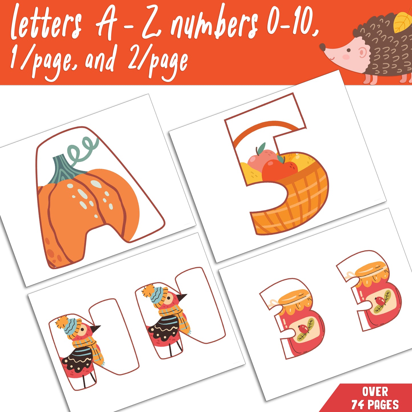 Fall-Themed Alphabet & Numbers: A-Z Letters, 0-10 Numerals, Autumn Bulletin Board Set, 1 and 2 Per Page, Vibrant Classroom Decor