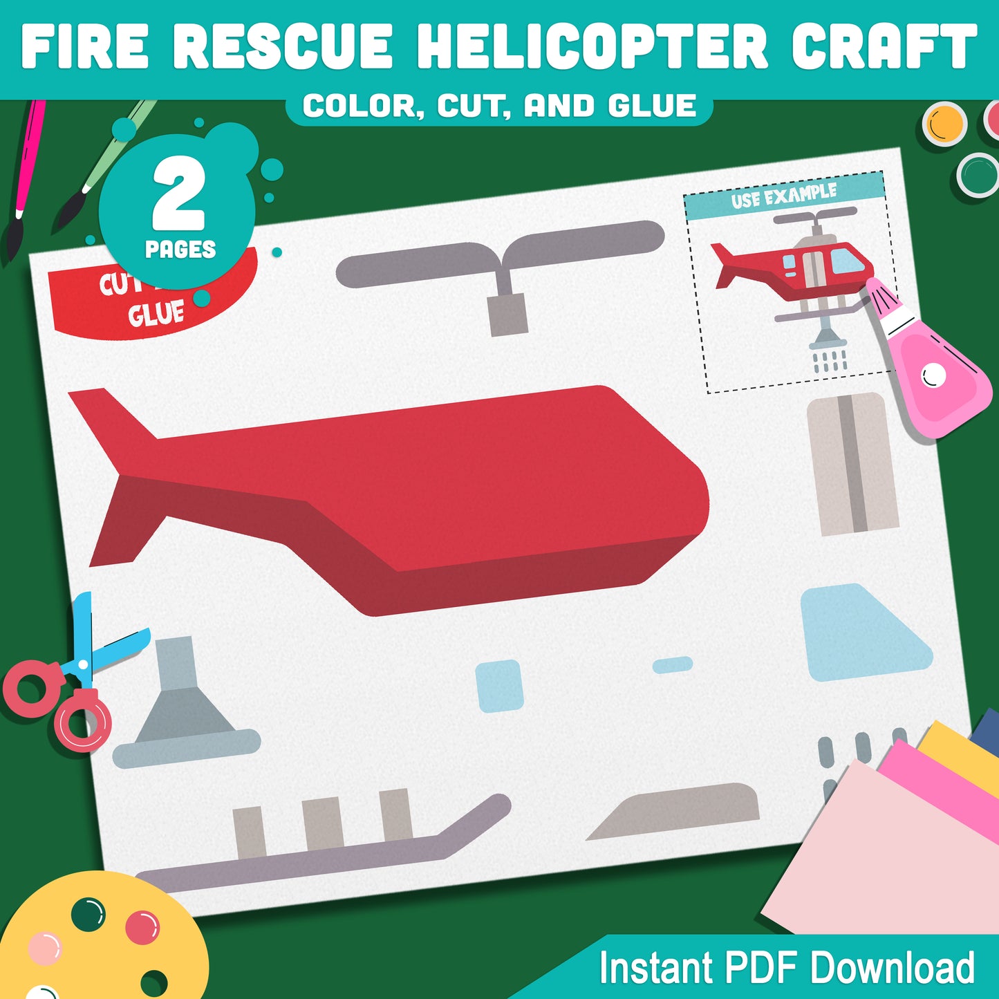 Interactive Fire Rescue Helicopter Craft: DIY Color, Cut, and Glue Activity for Kids' Art Projects, Suitable for Home or Classroom Use, PDF Download