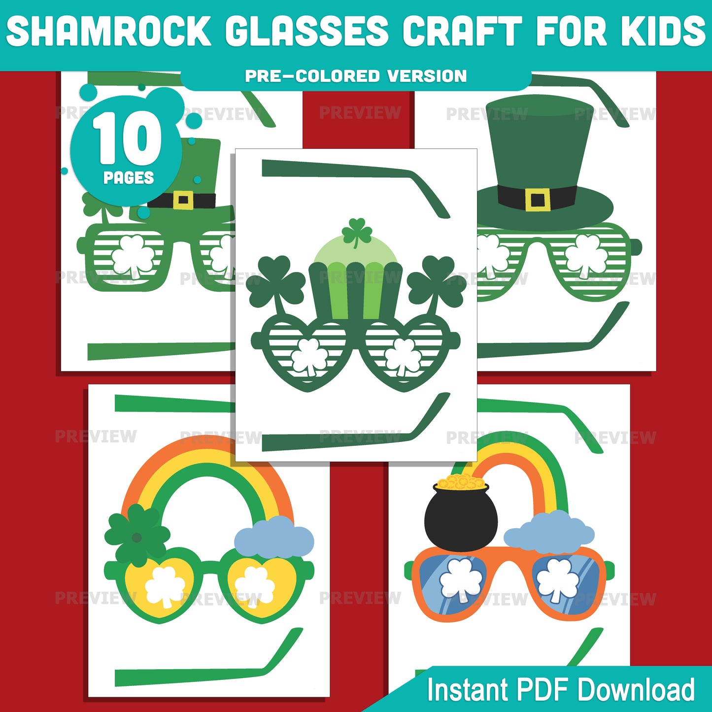 Printable Shamrock Glasses Craft for Kids, St. Patrick’s Day Glasses Craft Activity, 10 Shamrock Designs, Pre-Colored and Black White PDF