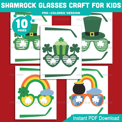 Printable Shamrock Glasses Craft for Kids, St. Patrick’s Day Glasses Craft Activity, 10 Shamrock Designs, Pre-Colored and Black White PDF