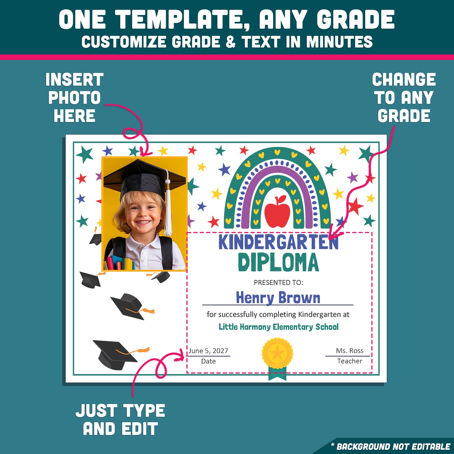 Editable Kindergarten Diploma, Printable Graduation Awards with Photo and No-Photo Options, PDF and PowerPoint, Editable for Any Grade