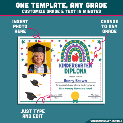 Editable Kindergarten Diploma, Printable Graduation Awards with Photo and No-Photo Options, PDF and PowerPoint, Editable for Any Grade