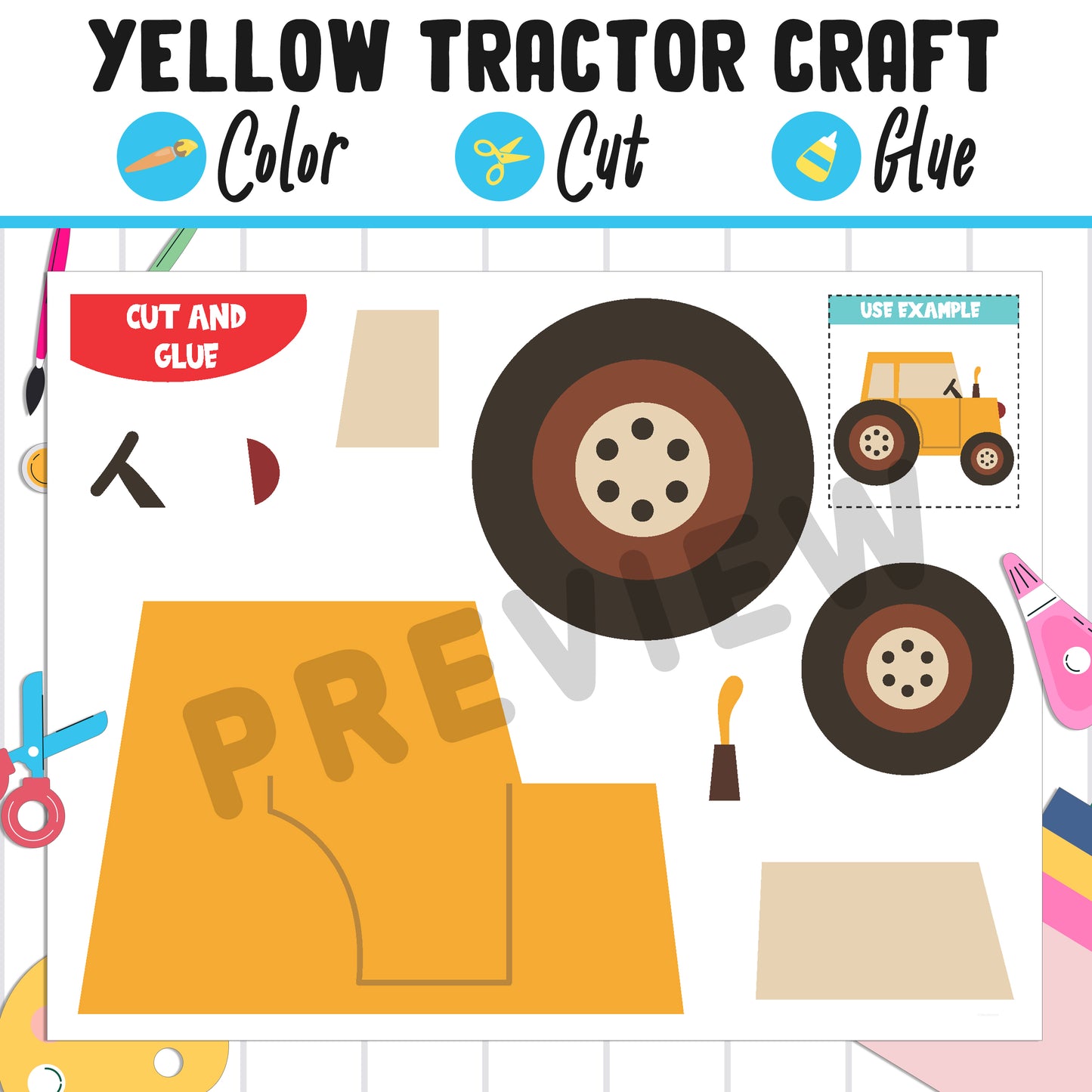 Yellow Tractor Craft Activity: Color, Cut, and Glue, Fun for PreK to 2nd Grade, PDF Instant Download