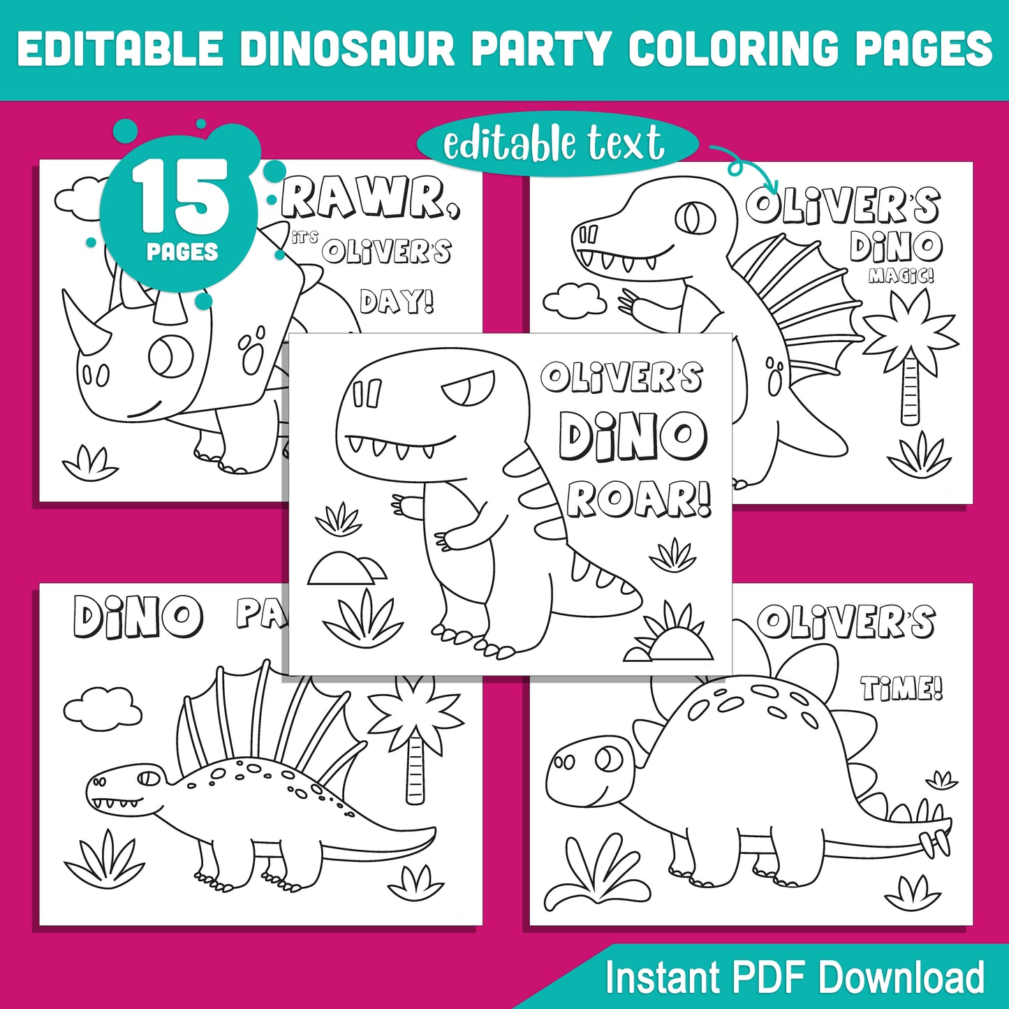 Customizable Dinosaur Birthday Coloring Pages: 15 Fun Party Printables, Perfect for Kids' Birthday Celebrations, Instant Download PDF