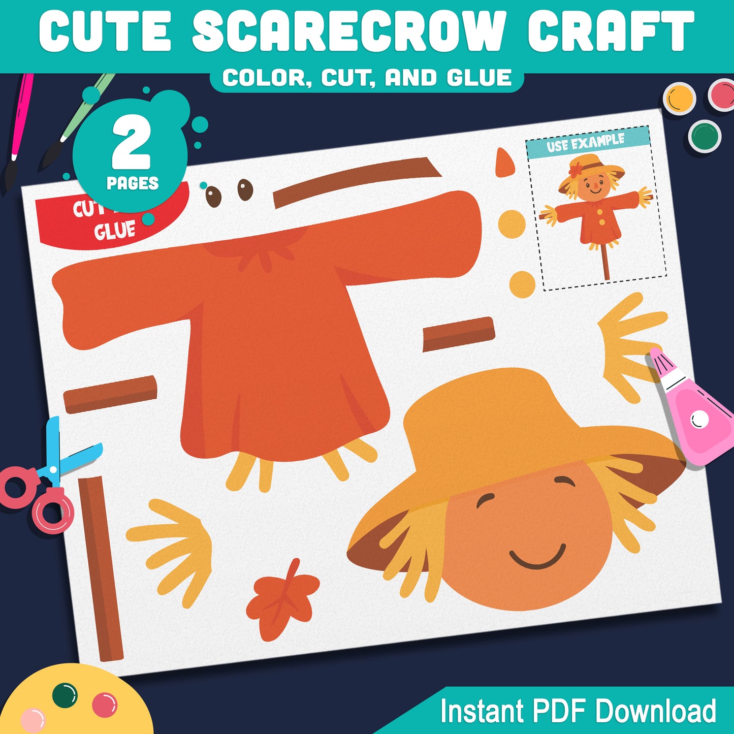Cute Scarecrow Craft for Preschool, Pre-K, Kindergarten, Fall Printable Halloween Project, Color Cut and Glue Bulletin Board Activity, 2 Pages, Instant PDF