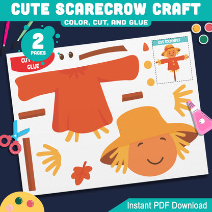 Cute Scarecrow Craft for Preschool, Pre-K, Kindergarten, Fall Printable Halloween Project, Color Cut and Glue Bulletin Board Activity, 2 Pages, Instant PDF