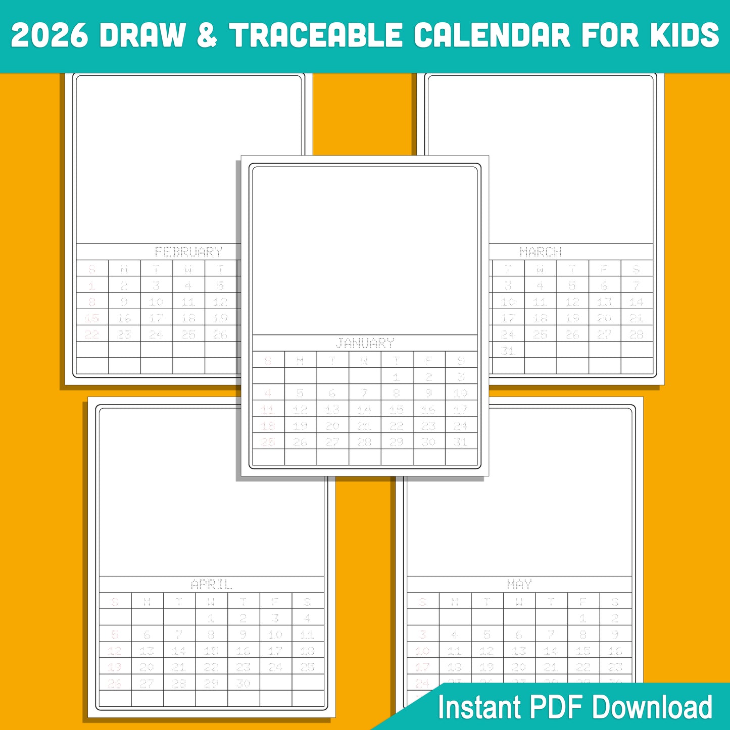 2026 Traceable Calendar for Kids: 12-Month Template to Trace and Draw, Includes Free 12-Month Blank Calendar Template, PDF Instant Download, 8.5x11 Inches