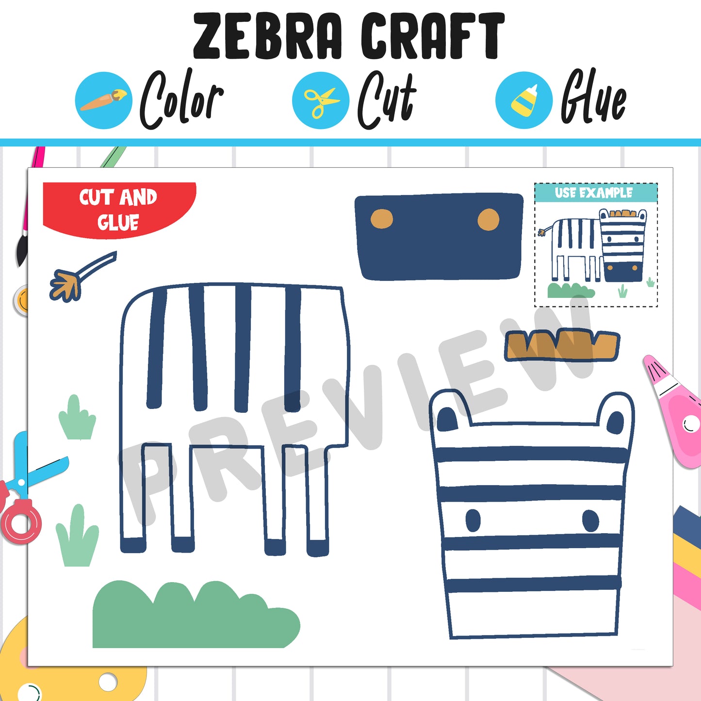 Simple Zebra Craft for Kids : Color, Cut, and Glue, a Fun Activity for Pre K to 2nd Grade, PDF Instant Download