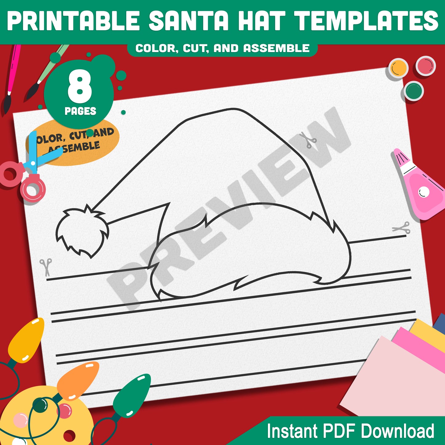 Santa Hat Craft Templates for Christmas: 4 Unique Designs for Kids’ Holiday Fun in Color and Black-and-White, Perfect for Festive Activities, PDF Download.