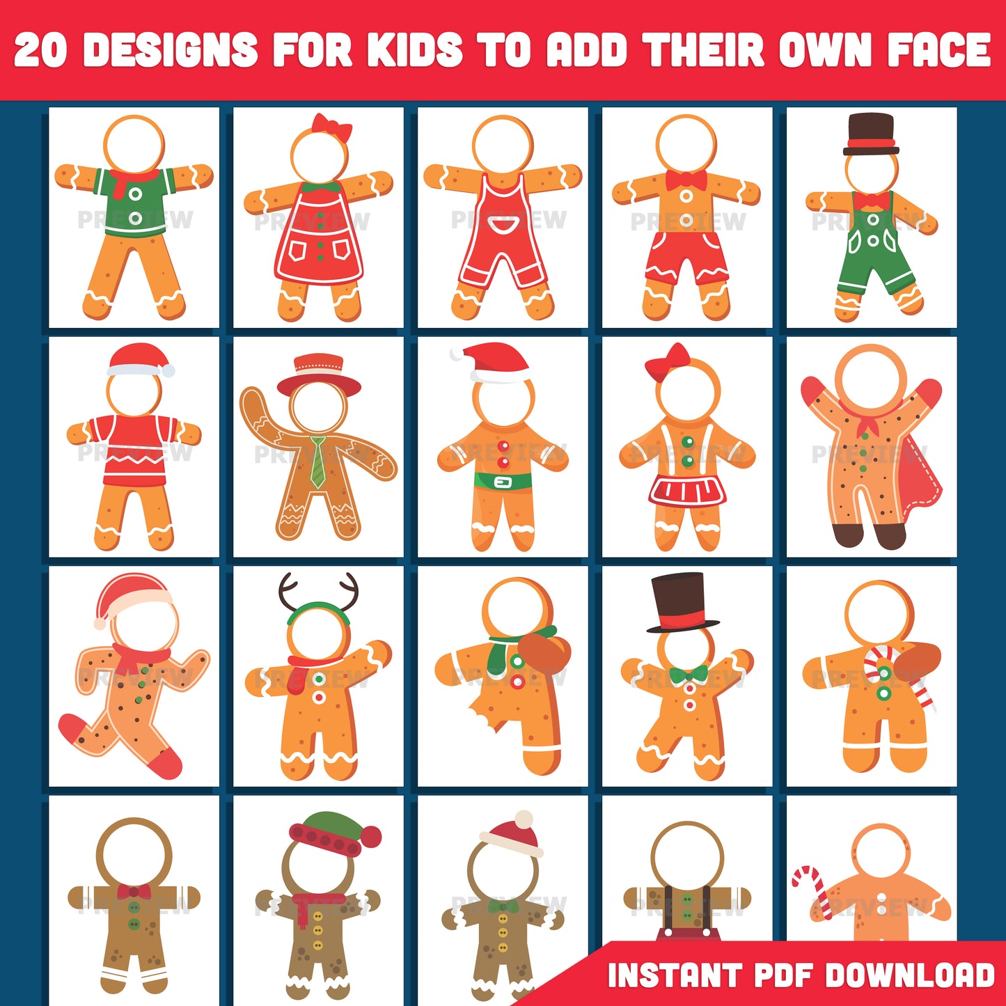 Printable Gingerbread Man Body Templates for Kids, 20 Holiday “Add Your Face” Designs, Perfect for Classroom, Home, or Party Craft, PDF + PNG Files
