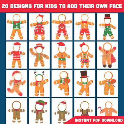 Printable Gingerbread Man Body Templates for Kids, 20 Holiday “Add Your Face” Designs, Perfect for Classroom, Home, or Party Craft, PDF + PNG Files