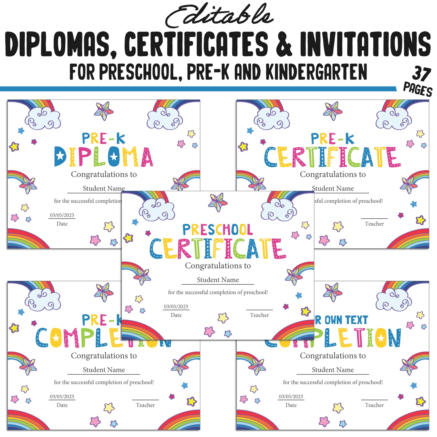 37 Editable Pre-Kindergarten, Kindergarten, and Preschool Diploma, Certificate & Invitation Templates, PDF Files, Instant Download