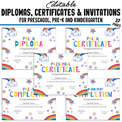 37 Editable Pre-Kindergarten, Kindergarten, and Preschool Diploma, Certificate & Invitation Templates, PDF Files, Instant Download