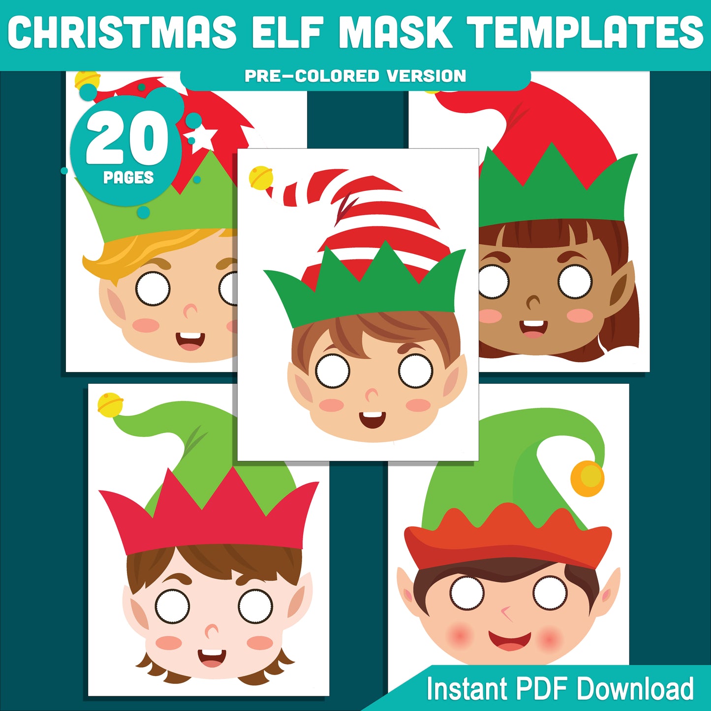 Printable Christmas Elf Mask Templates: Holiday Craft for Kids, 10 Designs, Pre-Colored + Black and White, Perfect for School Plays, Parties, or Home Fun, PDF