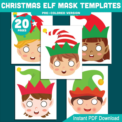 Printable Christmas Elf Mask Templates: Holiday Craft for Kids, 10 Designs, Pre-Colored + Black and White, Perfect for School Plays, Parties, or Home Fun, PDF