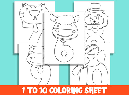 Number Coloring Pages: 10 Animal-Themed Pages for Learning 1 to 10