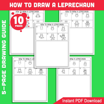 Step-by-Step Leprechaun Drawing: 5 Pages with 5 Coloring Activities for Creative Kids, Perfect for St. Patrick’s Day Art in Classrooms or at Home.