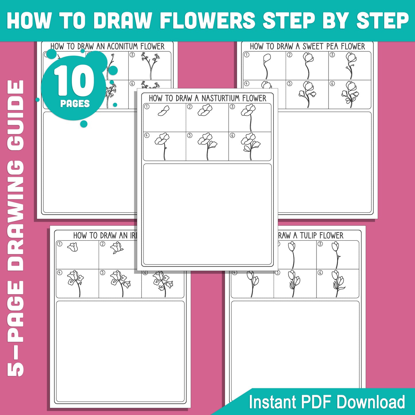 How to Draw Flowers: 5 Simple Tutorials + 5 Coloring Pages, Art Activity Featuring Iris, Tulip, Sweet Pea, Aconitum, Nasturtium, PDF Download