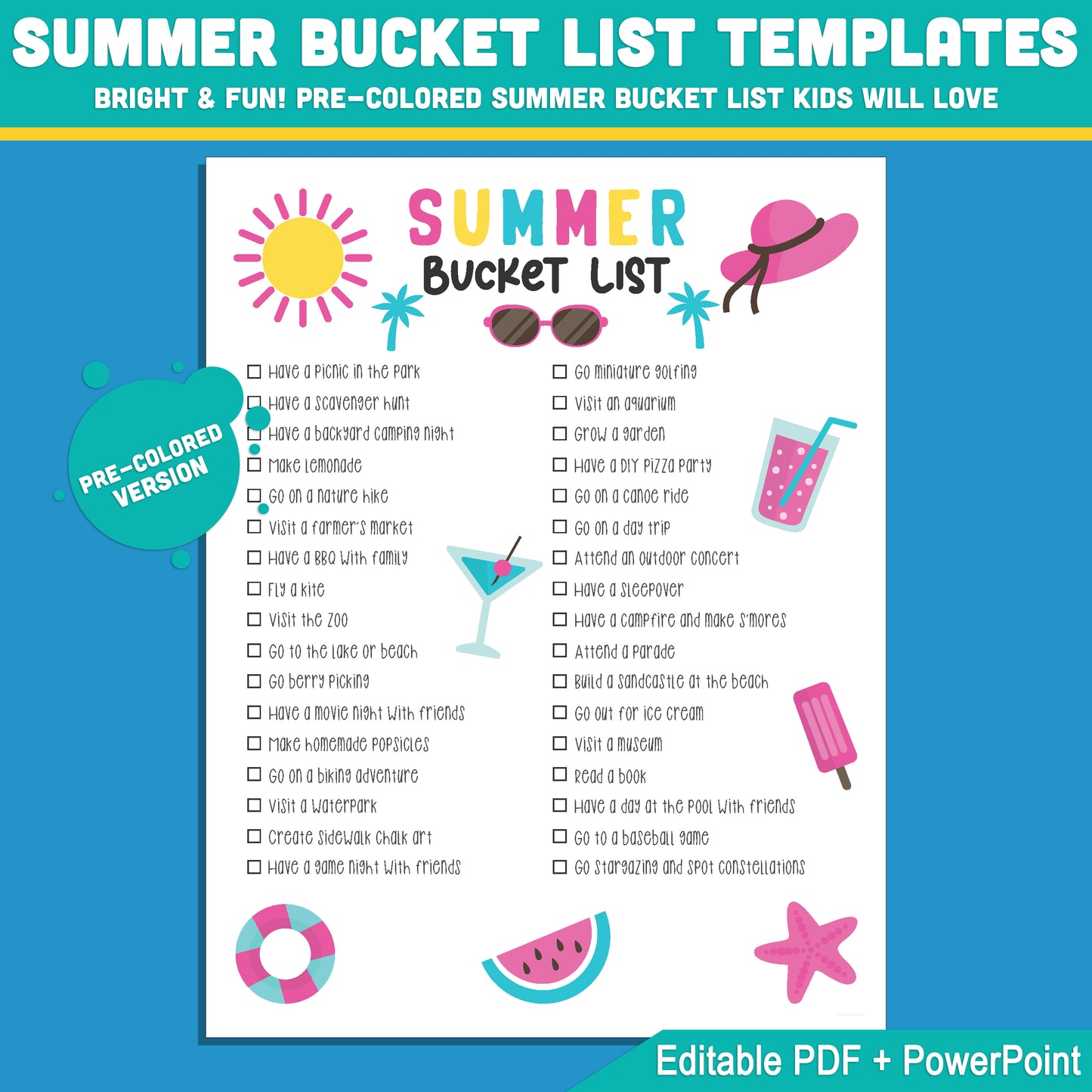 Summer Bucket List for Kids: Editable Printable Template in PDF & PowerPoint, Pre-Colored & Black & White Versions, 8.5x11, Instant Use