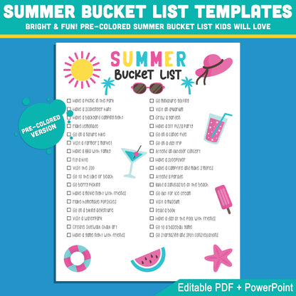 Summer Bucket List for Kids: Editable Printable Template in PDF & PowerPoint, Pre-Colored & Black & White Versions, 8.5x11, Instant Use