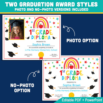 Editable 1st Graduation Diploma & Certificate Set, Printable Rainbow Stars Awards, Photo and No-Photo Options, PDF, PowerPoint, Canva
