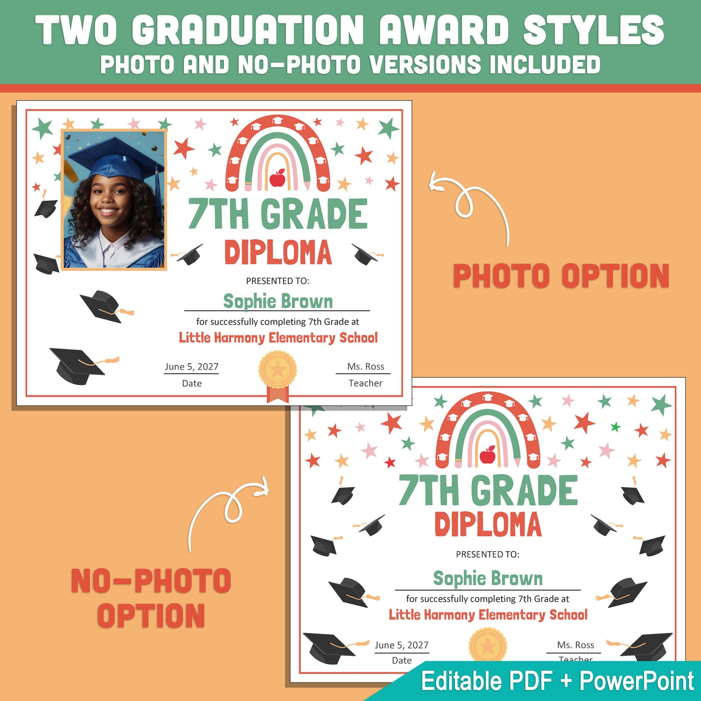 Editable 7th Grade Graduation Diploma & Certificate Set, Retro Rainbow Stars Theme, Printable Awards, Photo or No-Photo, PDF, PowerPoint