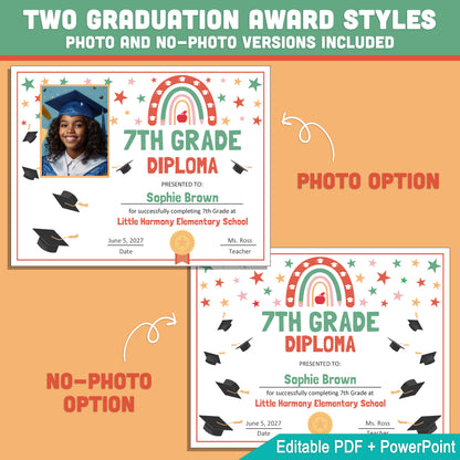 Editable 7th Grade Graduation Diploma & Certificate Set, Retro Rainbow Stars Theme, Printable Awards, Photo or No-Photo, PDF, PowerPoint
