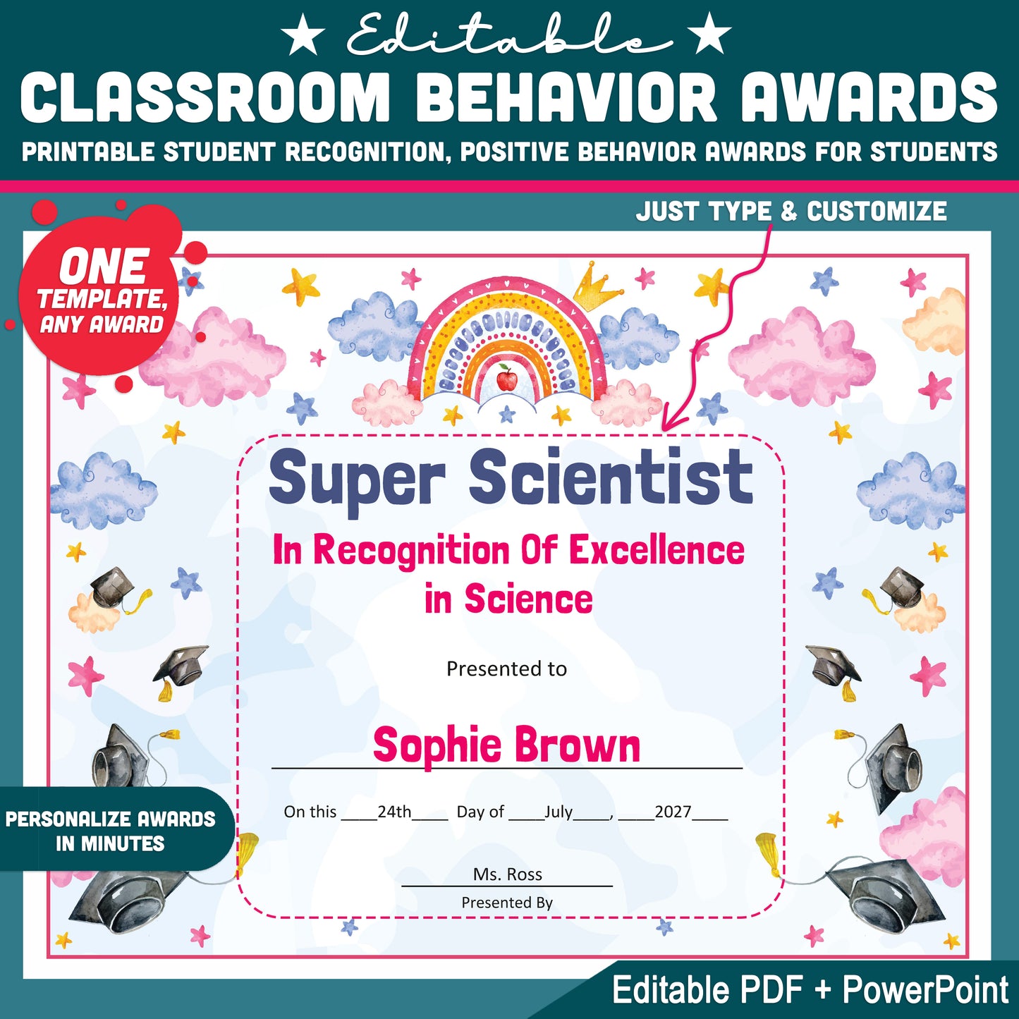 Classroom Behavior Awards, Printable Recognition Certificates, Editable Awards Collection, Positive Student Honors, One Template for Any Award Title