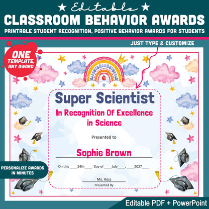 Classroom Behavior Awards, Printable Recognition Certificates, Editable Awards Collection, Positive Student Honors, One Template for Any Award Title