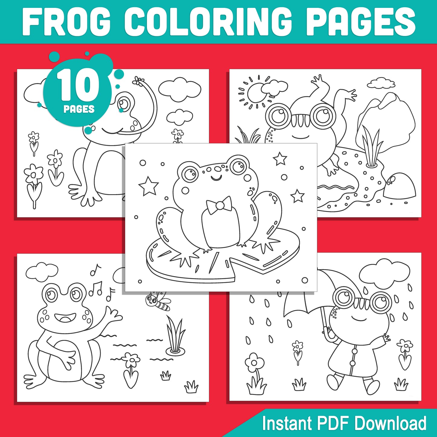 Frog Coloring Pages for Kids: 10 Charming Designs to Inspire Creativity in Preschool and Kindergarten, Instant PDF Download