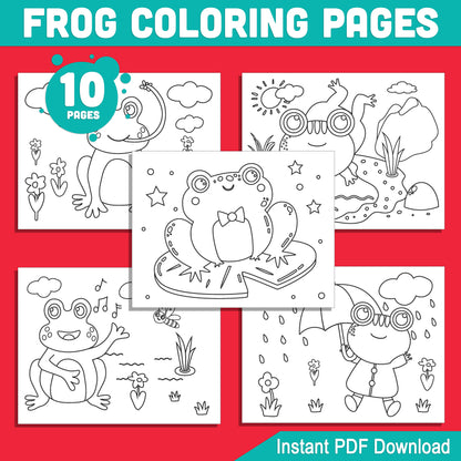 Frog Coloring Pages for Kids: 10 Charming Designs to Inspire Creativity in Preschool and Kindergarten, Instant PDF Download