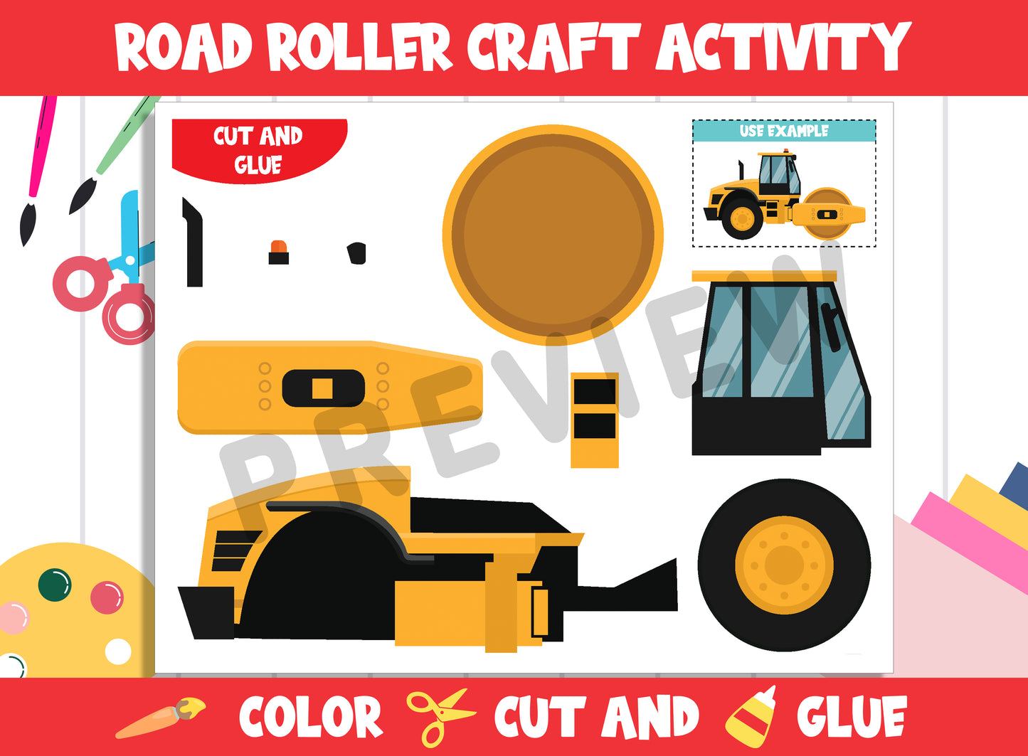 Construction Vehicle Craft Activity - Road Roller : Color, Cut, and Glue for PreK to 2nd Grade, PDF File, Instant Download