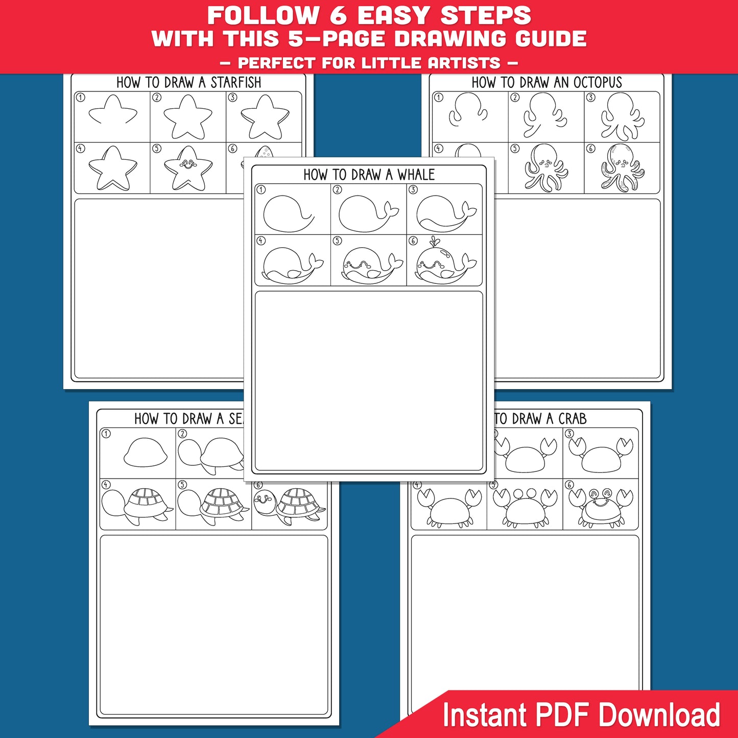 How to Draw Ocean Creatures Step-by-Step, Beginner Drawing Worksheets for Kids with Whale Starfish Octopus Sea Turtle and Crab, Coloring Included PDF