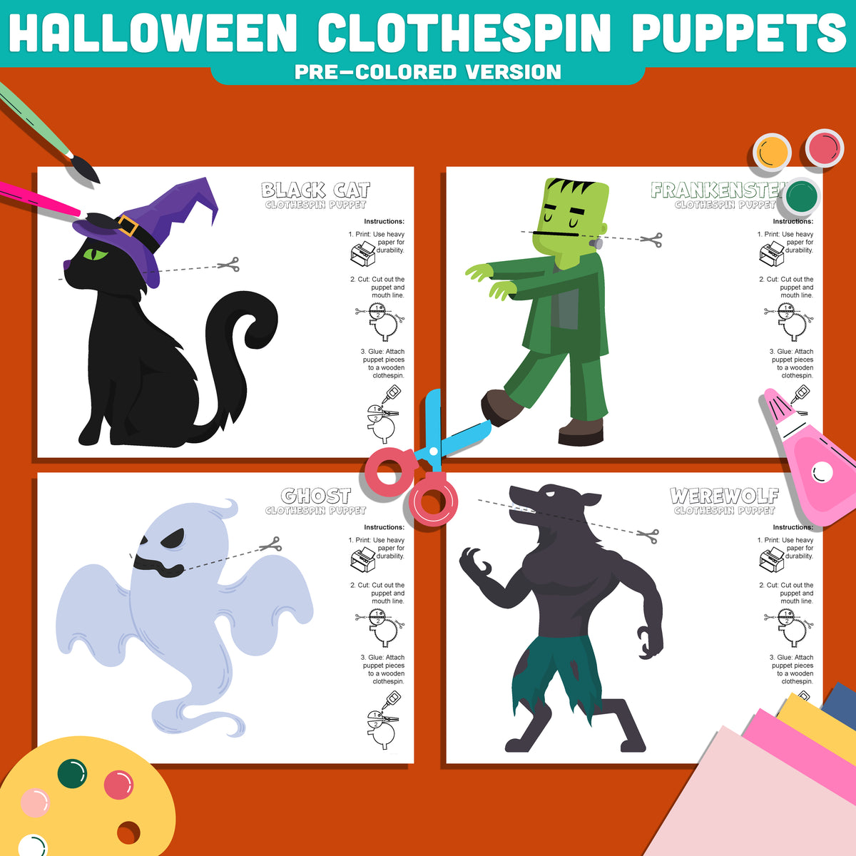 Halloween Puppet Craft for Kids, Black Cat Ghost Frankenstein Werewolf