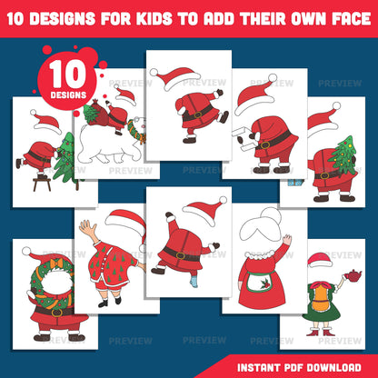 Santa Family Add Your Face Templates, Christmas Family Add Your Photo Crafts, Add Your Own Face Winter Body Templates with Coloring Version, 10 Designs