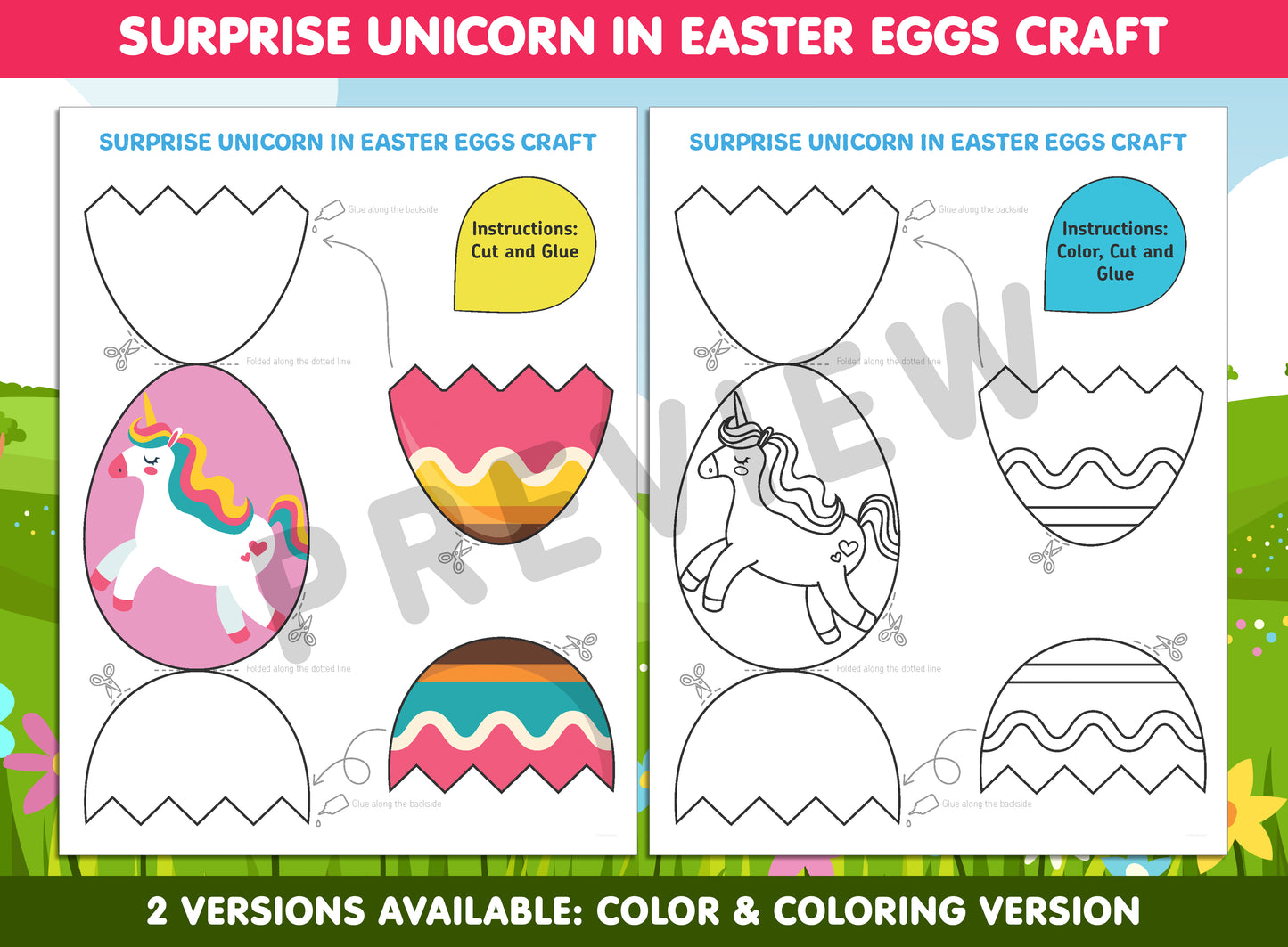 Surprise Unicorn in Easter Eggs Craft, Spring Activity, Color, Cut & Glue, Available in Color and Coloring Versions, Instant PDF Download