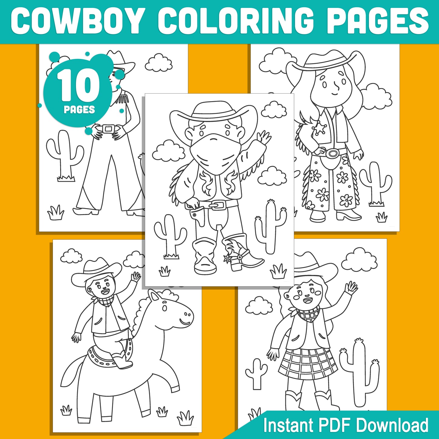 Cowboy Coloring Pages: 10 Engaging Designs for Kindergarten & Preschool Kids, Ideal for Parties and Learning Fun, Instant PDF Download