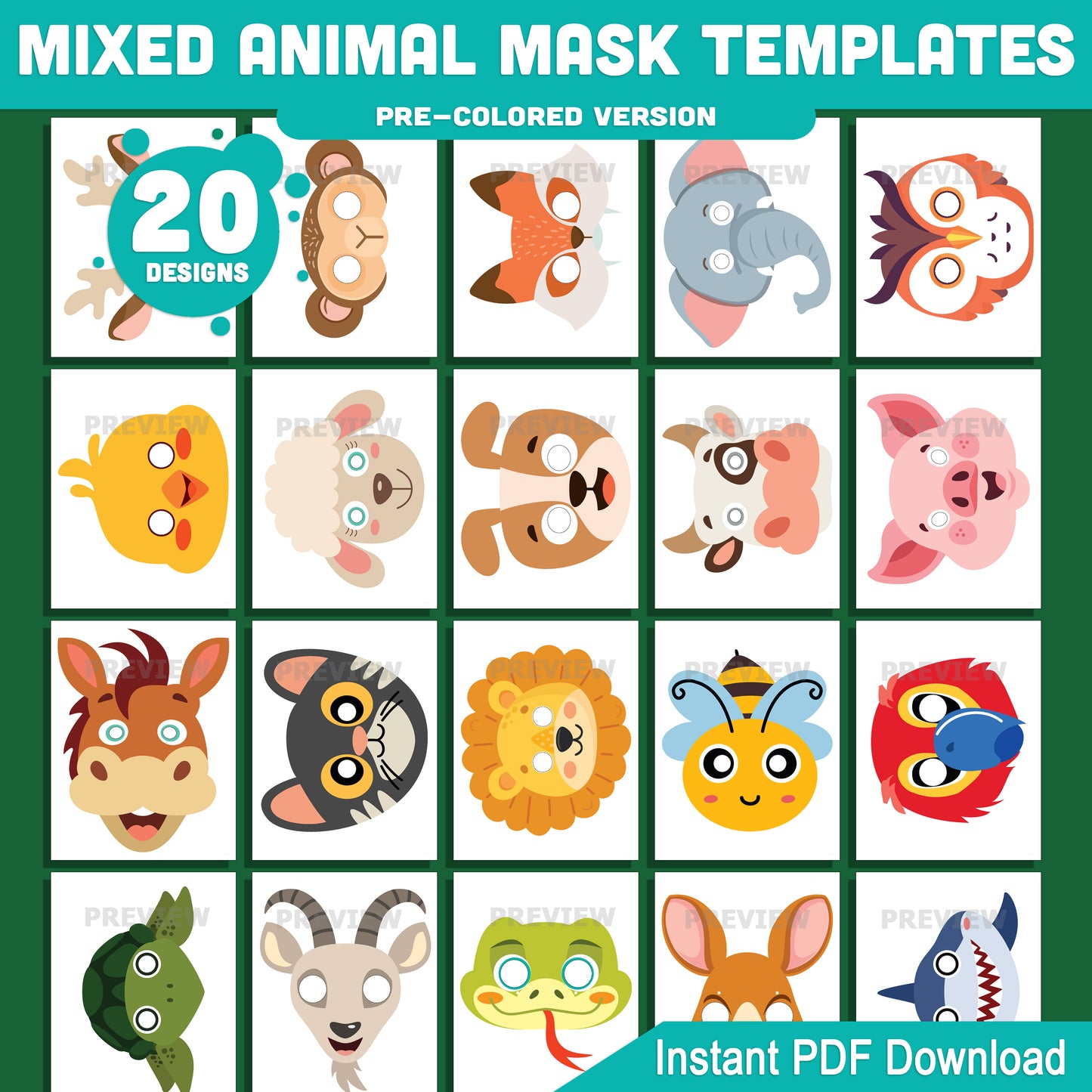 Mixed Animal Mask Templates, Printable Animal Masks for Classroom Crafts, Pre-Colored and Black and White Paper Masks