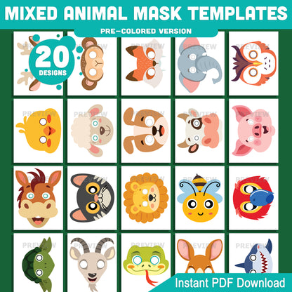 Mixed Animal Mask Templates, Printable Animal Masks for Classroom Crafts, Pre-Colored and Black and White Paper Masks