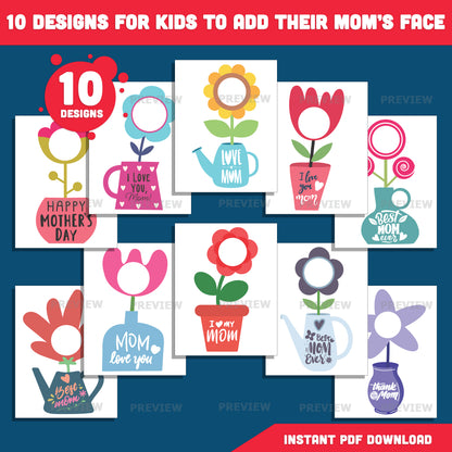 Mother’s Day Flower Add Your Own Face Craft | Best Mom Ever Flower Pot | 10 Designs | Coloring Version Included | Printable Gift