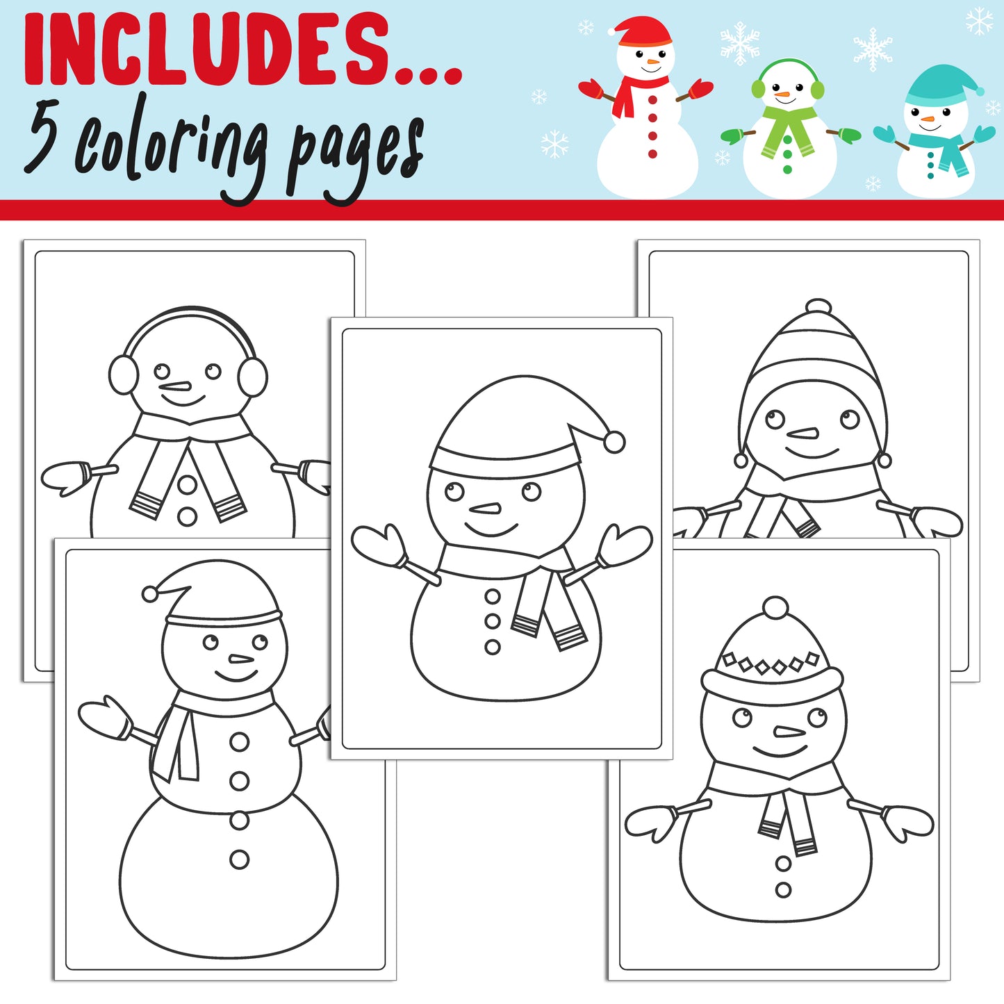 How To Draw a Snowman for Kids, Directed Drawing Step by Step Tutorial, Includes 5 Coloring Pages, PDF File, Instant Download